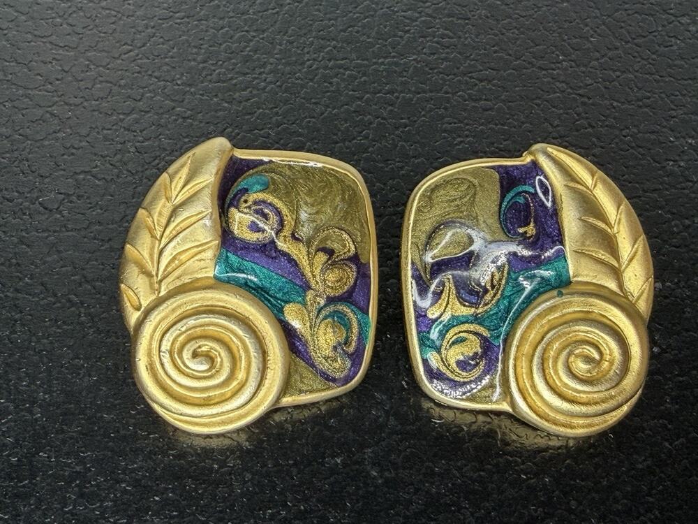Vintage Matte Gold Enamel Leaf Designer Runway Pierced Earrings Blue Green